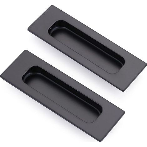 Set of 2 rectangular recessed sliding door handles with concealed recess, 12 x 4 x 1.2 cm, matte black stainless steel