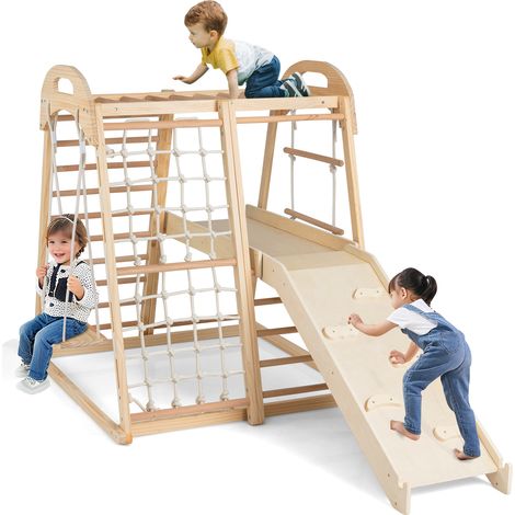 COSTWAY 8-in-1 Jungle Gym Wooden Montessori Climber Playset w/Slide-Natural (1/5)