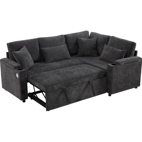 Divano angolare letto a L in ciniglia grigio scuro con vano contenitore e 4 cuscini (1/5)