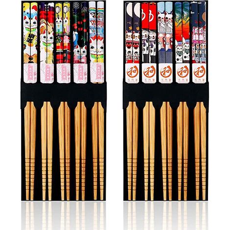 10paires Baguette Chinoise, Naturel Bambou Baguettes Japonaises, Antidrapant Dsign De Chat Porte-bonheur Baguettes De 9pouces Au Lave-vaisselle La (1/5)