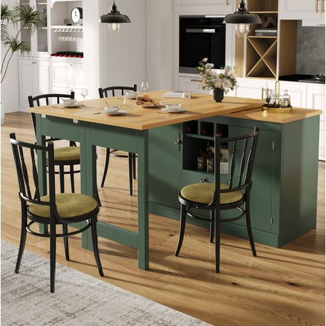 Credenza bar allungabile in MDF verde antico 120-180x40x76 cm, girevole a 360°, con vano contenitore e portabottiglie (1/5)