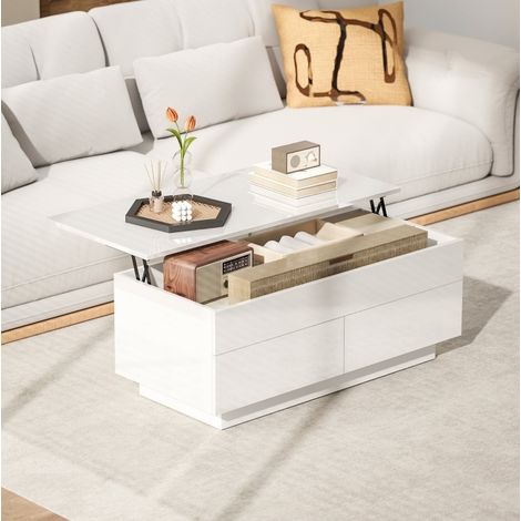 Mesa de centro elevable 102 x 48 x 54,5 cm, almacenamiento oculto, 2 cajones, blanco brillante (1/5)
