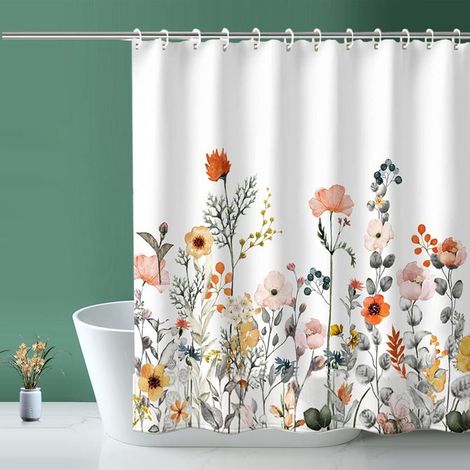 Rideaux de douche, tissu rideau de douche fleurs et plantes blanc rideau de douche pour maison htel lavable en machine rideau étanche salle de bain douche Curtai (1/5)