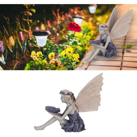 Estatua de hada sentada, figura decorativa de hada con girasol para jardín y hogar. (1/5)