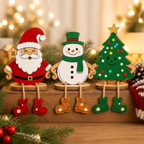Set 3 Decorazioni Natalizie in Legno – Babbo Natale, Pupazzo di Neve, Albero – Stile Rustico Artigianale – Ideali per Camino e Tavola (1/5)