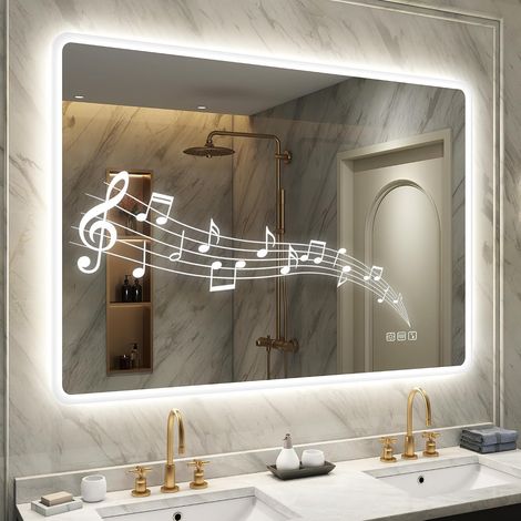 Miroir-Salle-de-Bain-avec-Éclairage 100x70cm, Miroir-LED-Salle-de-Bain Bluetooth, Dimmable, 3 Couleurs Légères, Anti-buée, Mémoire, IP44, Verre Trempé HD, Horizontal/Vertical (1/5)