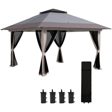 Outsunny carpa plegable pop-up 4x4x2,8 m cenador de jardín con paredes altura ajustable UV50+ doble techo mosquiteras y bolsa de ruedas gris claro