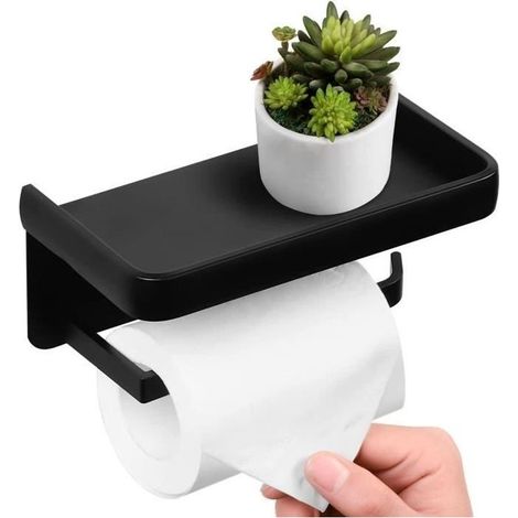 Porte Papier Toilette, Mural Support Papier Rouleau Aluminium Derouleur Papier WC avec Étagère de Rangement Noir (1/4)