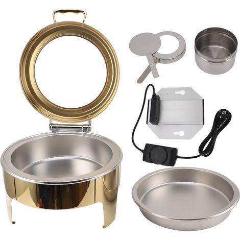 Chauffe-plat de buffet 300W doré avec couvercle vitré 6L rond 2 modes température réglable pour service traiteur plat complet prise UE 220-240V (1/5)