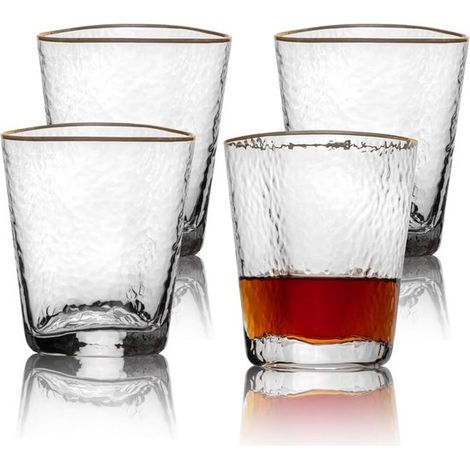 Verres à whisky (ensemble de 4 pièces) : verre martelé, bord doré, pied court coupe à champagne verre à eau verre à cocktail 350 ml. (1/5)