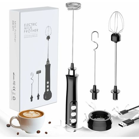 Milk Frother, Portable Electric Foam Maker, 3 in 1 Drink Mixer, USB Charging Station with 3 Stainless Steel Whisks for Coffee, Milk and Kitchen Black (1/5)