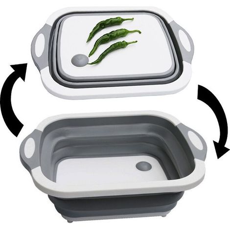 Planche à Découper Pliable 3 in 1 Multifonction Panier à Découper Panier de Rangement Panier de Drainage avec Bouchon de Drainage et Serviette pour Les Cuisines & Voyages(Gris), (1/5)