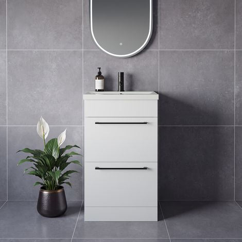 Napoli 390 Gloss White 500mm 2 Drawer Vanity Unit with Glide Basin - 500mm - Matt Black 320mm Handle