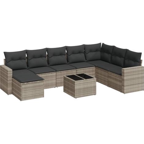 Set muebles jardín 9 pzas y cojines ratán sintético gris claro vidaXL (1/3)