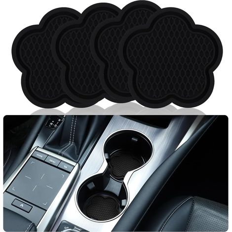 Dessous de verre pour porte-gobelet de voiture, lot de 4, antidérapant et universel, en forme de fleur (noir)