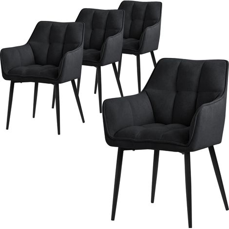 ML-Design Set 4 Sedie per Sala da Pranzo 63x57x90 cm Imbottitura in Spugna Nero con Schienale e Braccioli Telaio in Metallo Poltroncina Confortevole Ergonomica per Cucina Salotto o Soggiorno