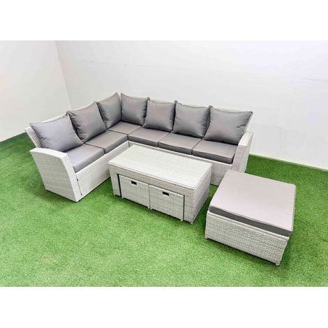 Fimous Rattan Garden Furniture Set Outdoor 9 Seater Corner Sofa Sets with Oblong Coffee Table 3 Footstools Light Grey Mixed (1/5)