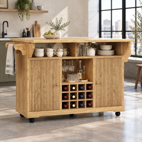 Mueble de cocina carrito plegable con ruedas 142,5 x 80 x 95 cm marrón natural DESVIAE (1/5)