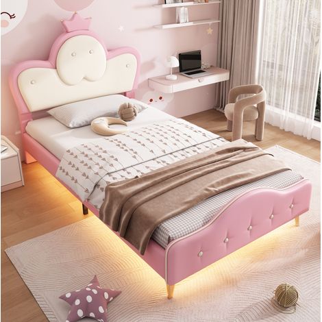Letto imbottito bambini 90 x 200 cm con fascia LED e testiera a corona in ecopelle, rosa e bianco (1/5)