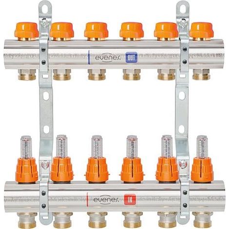 Collecteur de circuit de chauffage evenes M 6,4 Dynamic, DN25 (1") laiton, 4 circuits de chauffage avec débitmètre (1/2)