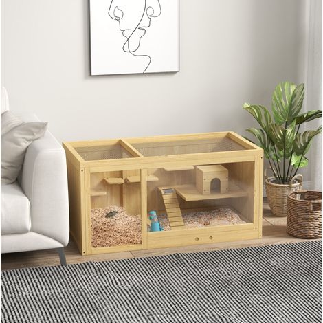 Gabbia per criceti in legno 100x50x50 cm naturale, doppio livello, tetto apribile FloraGrace (1/5)