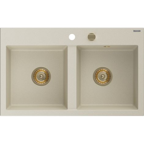 Mexen Hektor Granitspüle 2-Becken 800 x 480 mm, beige, goldener Siphon - 6521802000-69-G (1/5)