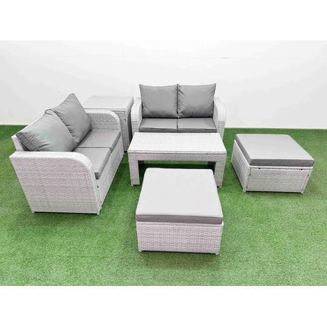 Fimous 6 Seater Outdoor Love Sofa Set Rattan Garden Furniture Set with Oblong Coffee Table 2 Footstool Side Table Light Grey (1/4)
