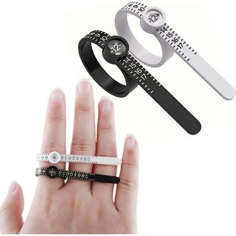 2pcs outils mesure pour bagues, règle mesure réutilisable avec loupe, mesureur de bagues US 1-17 Noir pour homme, blanc pour femme (1/5)