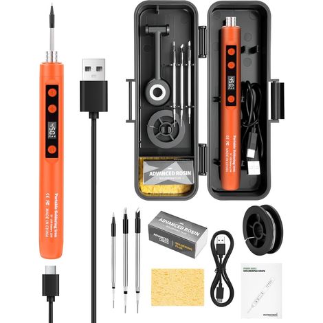 Kit Fer à Souder Électronique 15W Chauffe 8s Batterie 650mAh avec Charge Continue 3 Pannes de Précision K/3C/B 180-450°C Réglable Station de Travail Portative USB(Orange) (1/5)