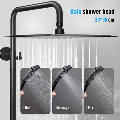 Colonne de douche thermostatique noire – Douche de tête carrée 30 x 30 cm en acier inoxydable – Thermostat avec sécurité à 38℃ – Pommeau pivotant 360°