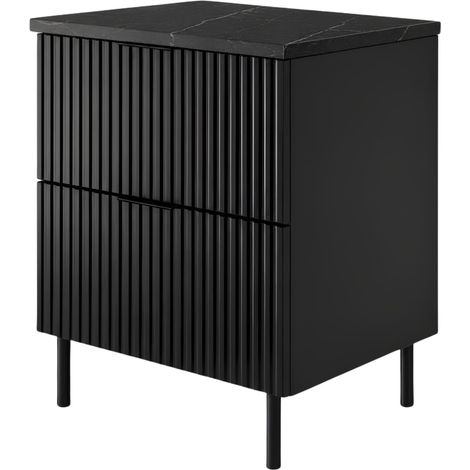Meuble de Salle de Bain sous Vasque avec Plan, 2 Tiroirs à Fermeture Douce, Façade Cannelée MDF 16 mm, Noir + Plan Marbre Black Royal, Poignées Noires, Pieds Noirs, 60 x 46 x 73,6 cm (1/5)