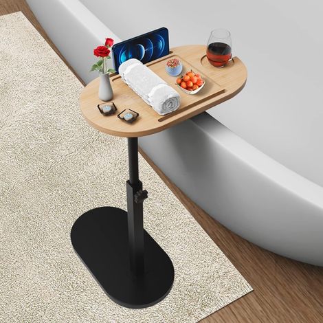 Badewannentablett aus Bambus mit stabilem Fuß und dicker Metallstütze, höhenverstellbar, perfektes Badewannenaccessoire für Badezimmer, Schreibtisch, Beistelltisch, Geschenk (1/5)