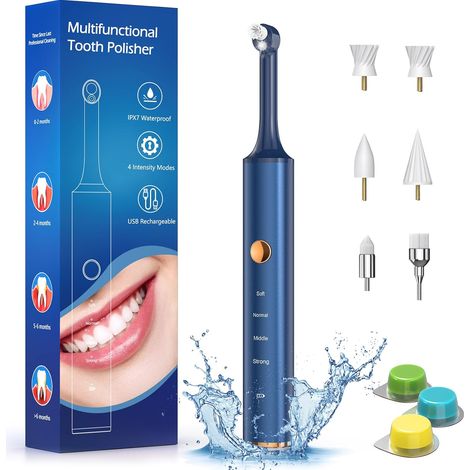 kit Polisseur Dentaire électrique avec 6 Têtes de Brosse 3 pâtes pour le Nettoyage et le Blanchiment des Dents, Polisseuse électrique kit de Détachant Dentaire (Bleu) (1/5)