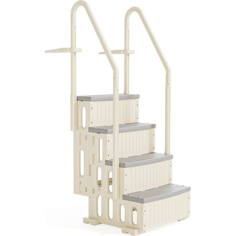 Échelle de piscine en plastique avec bandes antidérapantes et main courante - 4 marches - Charge maximale de 180 kg - Pour piscines hors sol / encastrées - Blanc et gris (1/5)
