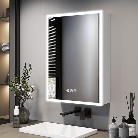 EMKE LED Bathroom Cabinet with Mirror 400x600mm Single Door Wall Mounted Bathroom Mirror Cabinet with Shaver Socket, Anti-Fog, Dimmable & 3 Colors (1/5)