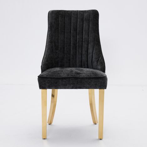 Lot de 2 chaises de salle à manger en velours côtelé et tissu rayonne, dossier capitonné, pieds en acier inoxydable doré – Noir