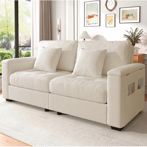 Divano 2 posti beige 180 cm in chenille con vano contenitore, 2 cuscini e schiuma (1/5)