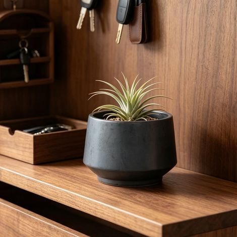 Vaso da fiori in ceramica artigianale singolo (Ø 22 cm), smalto opaco nero, traspirante, resistente al gelo, con fori di drenaggio per piccole piante da interno e da davanzale (1/5)