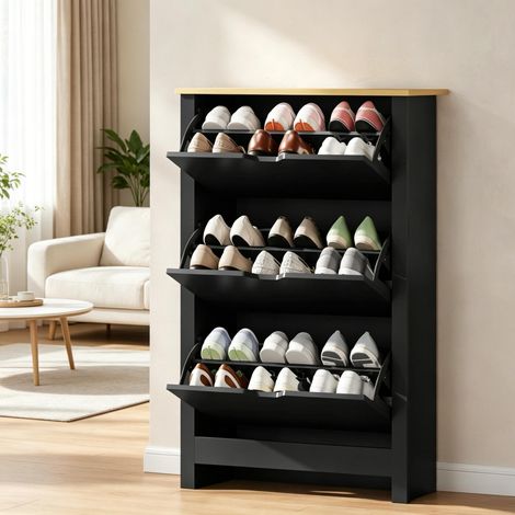 Armario de Zapatos 3 Puertas abatibles 2 Compartimentos Paneles de partículas negro (1/5)
