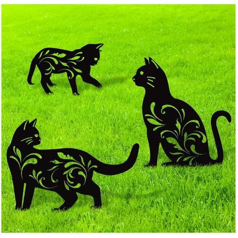 Set aus 3 Gartenstatuen aus Metall mit schwarzer Katzensilhouette, dekorative Gartenpflöcke, Tierstatuen für die Dekoration.