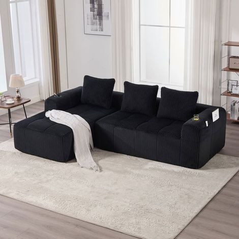 Canapé d'angle - SOGEU - Modulable - Velours côtelé noir - 4 places réversible - Porte-gobelets & rangements (1/5)