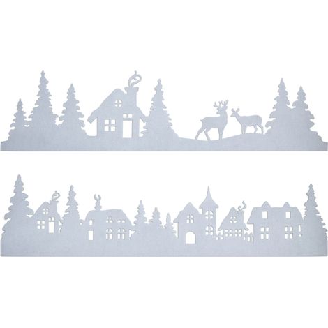 Filz Fensterbild Winterlandschaft 90 x 23 cm - 2er Set - Stoff Weihnachtsdorf Skyline mit Klebestreifen - Advent Deko Häuserzeile Fenster Silhouette