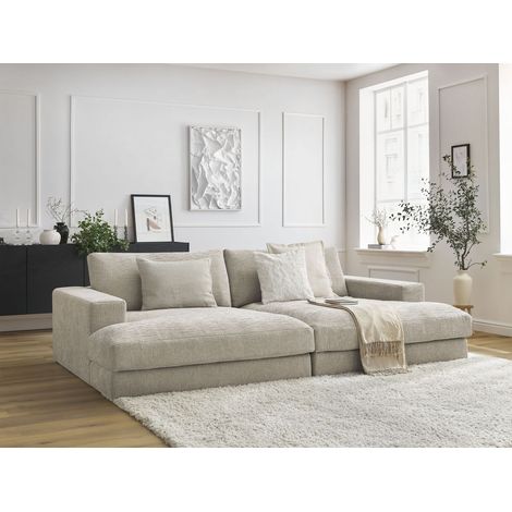 Bobochic – Canapé droit fixe 4 places assise profonde – Tissu texturé beige – Structure en pin et hêtre – Confort moelleux avec coussins en silicone (1/5)
