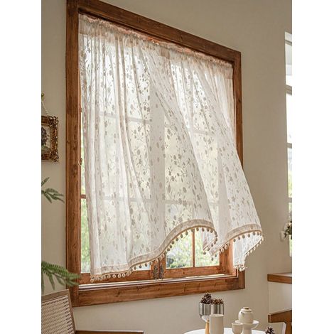 1 pièce rideau en voile blanc français gaufré (décor floral), poche pour tringle à rideau, léger, élégant, pompons jaunes, en polyester, pour placard de cuisine, ferme, fenêtre, dimensions 10080cm (1/4)