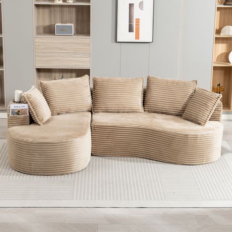 Canapé 250x152x82 cm kaki en velours côtelé avec porte-gobelets, poches latérales et coussin (1/5)