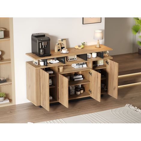 Meuble de rangement, buffet à 4 portes et 3 étagères ouvertes – Idéal salon, entrée ou bureau – Finition bois naturel, dimensions L140/P40/H85cm (1/5)