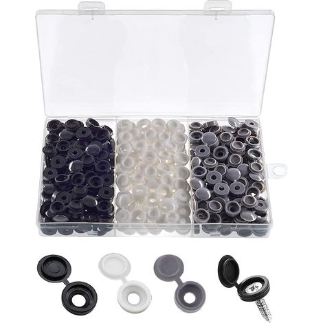 240 Pièces Bouchon à Vis en Plastique, Cache Vis à Charnière pour les Vis Nombre 6/8, avec Boîte de Rangement, pour Meubles, Placards, Étagères, Blanc/Noir/Gris (1/5)