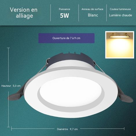 Lot de 3 spots LED encastrables plafond 5W alliage aluminium fin, lumière chaude, blanc ivoire, trou de coupe 7‑9cm