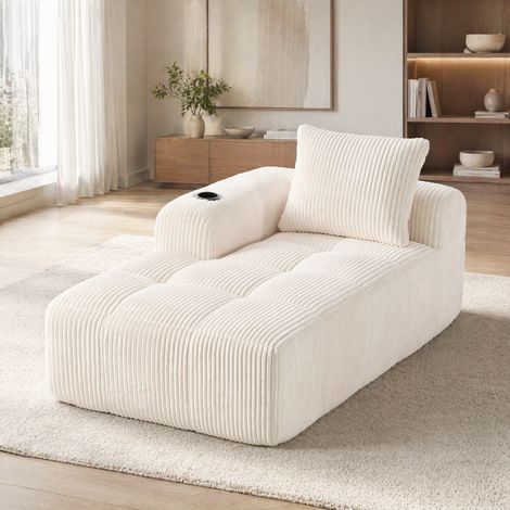 Canapé en velours côtelé beige 158x93x61 cm avec poches latérales et porte-gobelets (1/5)