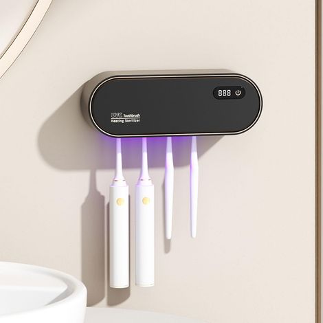 Support Brosse à Dents Mural UV Sanitizer sans Perçage, Stérilisateur Rechargeable 1800mAh avec Séchage & Minuterie, 4 Fentes pour Salle de Bain, Accessoire Noir (1/5)